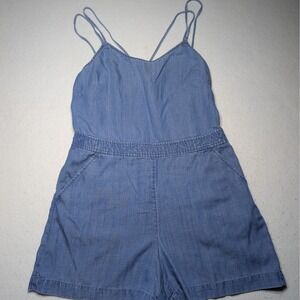 LOFT Chambray Romper Womens Size 8 Blue Spaghetti Strap Linen Blend